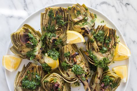 Grilled Artichokes with Parsley Vinaigrette | Giadzy Parsley Vinaigrette, Caprese Burger, Otto Lenghi, Yotam Ottolenghi Recipes, How To Cook Artichoke, Grilled Artichoke, Ottolenghi Recipes, Easy Grilling Recipes, Easy Grilling