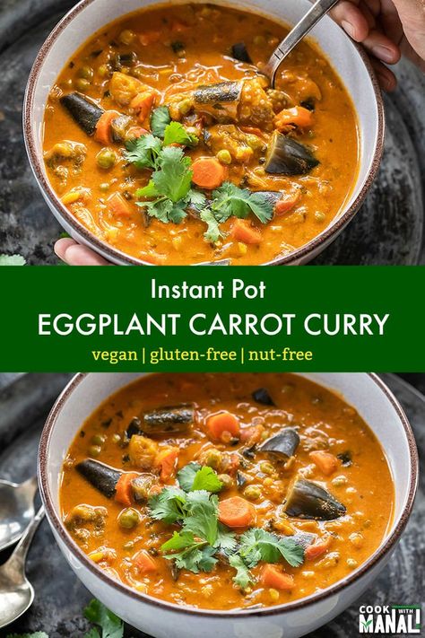 Easy and vegan Eggplant Carrot Curry made in the Instant Pot. Pair with rice or quinoa for a comforting meal! #instantpot #vegan Instant Pot Eggplant Recipes, Instant Pot Eggplant, Roasted Potatoes And Broccoli, Instapot Ideas, Instant Pot Vegetarian, Vegetarian Quinoa Chili, Potatoes And Broccoli, Veggie Curry, Carrot Curry