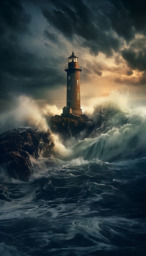 A mesmerizing view of stormy horizons, where the ocean's fury clashes with the dramatic skies, evoking the intense beauty of nature's tempest. Ships In Storms Stormy Sea, Spiraling Staircase, Lighthouse In A Storm, Lighthouse At Night, Lighthouse Storm, Storm Painting, Ocean Storm, Vast Ocean, Lighthouses Photography