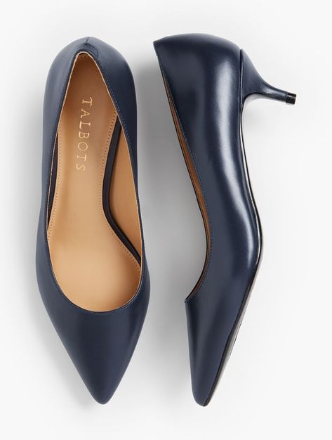 Details Sleek leather pumps with a classic kitten heel. Fashioned with cushy memory foam footbeds, these shoes are just as easy to wear as they are to style. Features 1 1/2" upper-covered heelComfort flexsoleComfortable memory foam footbedsAntibacterial, breathable synthetic sock liningImported Fit and Material Material: Leather uppers Navy Kitten Heels, Navy Pumps, Dr Shoes, Kitten Heel Shoes, Beautiful High Heels, Kitten Heel Pumps, Wardrobe Ideas, Pretty Shoes, Heel Pumps