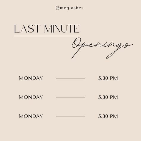 Last Minute Opening Available Salon, Openings This Week Salon, Instagram Lash Page Aesthetic, Lash Tech Stories, Last Minute Cancellation Appointment, Spa Post Ideas, Last Minute Opening Available, Lash Social Media Post, Pre Booking Appointments Salon