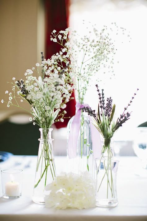 Baby's breath and lavender in bud vases centerpieces Will + Melissa Photo By Brooke Courtney Photography Breathe Flower, Wedding Centerpieces Hydrangea, Vase Centerpiece Wedding, Karina Baby, Floor Vases Decor, Lilac Party, White And Gold Flowers, Lavender Centerpieces, Bud Vases Wedding