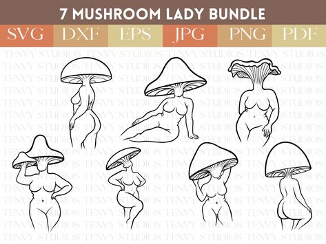 Lady Body Drawing, Mushroom Body Art, Melting Mushroom Drawing, Mushroom Face Drawing, Happy Mushroom, Lady Mushroom, Mushroom Head Drawing, Dancing Mushroom Lady Tattoo, Mushroom Goddess Tattoo