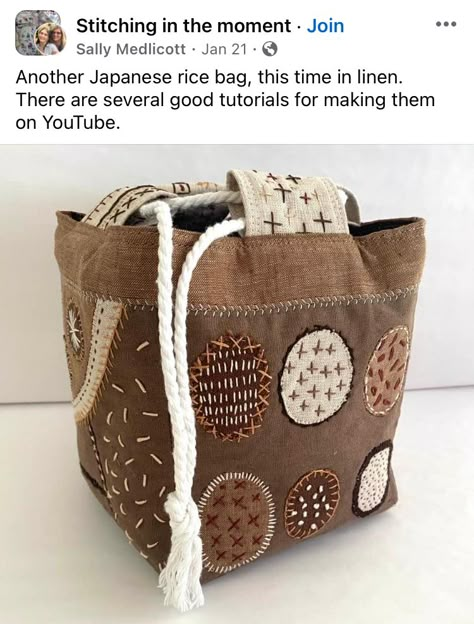 Japanese Rice Bag Tutorial, Kinchaku Bag Pattern, Japanese Sewing Patterns Bags, Sashiko Purse Pattern, Diy Rice Bags, Rice Stitch, Sashiko Bags Totes, Upcycled Handbag, Quilted Bag Patterns