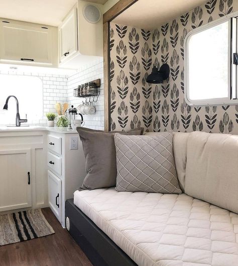 Cozy RV Renovation Wallpaper In Rv Accent Walls, Wallpaper Rv Interior, Rv Wallpaper Makeover, Rv Wallpaper Ideas, Camper Wallpaper, Farmhouse Camper, Rv Wallpaper, Rv Interior Design, Trailer Makeover