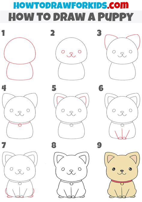 How to Draw a Puppy Step by Step - Easy Drawing Tutorial For Kids How To Draw A Puppy Step By Step, How To Draw Puppy, Dog Drawing Tutorial Easy, Cute Puppy Drawing Easy, Easy Drawing For Kids Step By Step, How To Draw Kawaii Step By Step, How To Draw A Puppy, Easy Doodles Drawings Step By Step, Easy Step By Step Drawing For Beginners