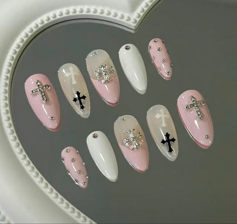 Nails With The Cross, Cross Gems On Nails, Nail Inspo With Cross, Pink Cross Nails, Nails With Crosses, Nails With Cross, Cross Nail Art, Cross Nails, Fake Nails Designs