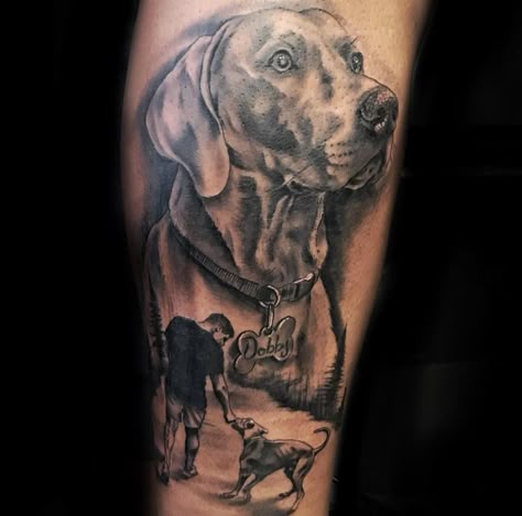 2 Dog Tattoo Ideas, Vizsla Tattoo, Weimaraner Tattoo, Dog Related Tattoos, Dog Tattoo Sleeve, Memorial Tattoo Sleeves, Realistic Dog Tattoo, Jacob Tattoo, Dogs Tattoo Ideas