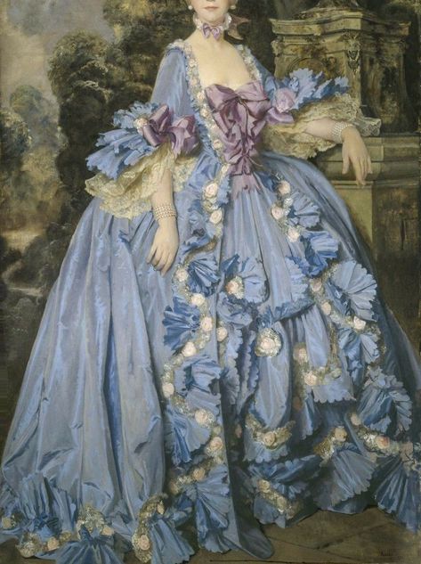 Rococo Dresses 18th Century, Marie Antoinette Historical, Green Rococo Dress, 18th Century Royalty, Blue Rococo Dress, 18th Century Fashion Aesthetic, Marie Antoinette Clothes, 1700s France Fashion, Rococo Revival Fashion