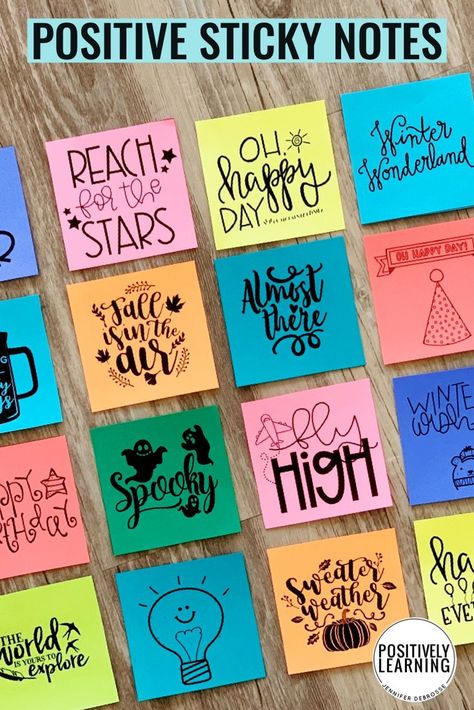 Positive Student Notes ready for the entire school year with this huge set! Seasonal, holiday, and everyday notes ready to be passed out. From Positively Learning Blog #stickynotes #positivenotes #behavior Sticky Notes Ideas Wall, Positive Sticky Notes, Sticky Note Decor, Positive Notes For Students, Positive Student Notes, Sticky Notes Quotes, Post It Art, Notes Quotes, Motivational Notes