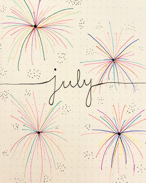 4 Of July Drawing Ideas, July Calendar 2023 Aesthetic Whiteboard, July Spread Bullet Journal, 4th Of July Doodles Bullet Journal, July Bullet Journal Cover Fireworks, 4th Of July Journal Ideas, Bujo July Cover Page, July Bujo Ideas, July Whiteboard Ideas