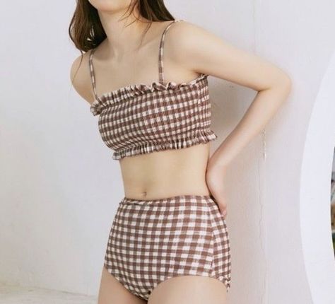 Rpg Clothing, Classy Swimwear, Korean Swimsuit, Swim Outfit, Aesthetic Swimsuit, Kawaii Swimsuit, Plaid Bikinis, Trendy Swimsuits, Swimsuit Material