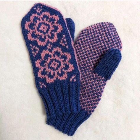 Wool mittens knit in fair isle Nordic Rose pattern. Blue and pink. Thick and cozy.  Fits women's small to medium size hands.  Hand wash, dry flat.