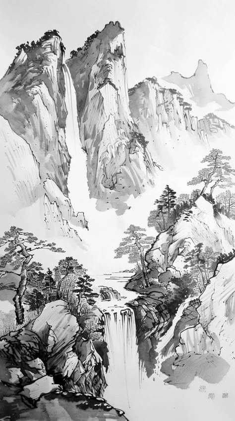 Drawing White On Black, Waterfall Sketch, Drawing Of A Mountain, Waterfall Tattoo, Waterfall Drawing, Mountain Sketch, Glass And Concrete, Landscape Pencil Drawings, Small Sketchbook