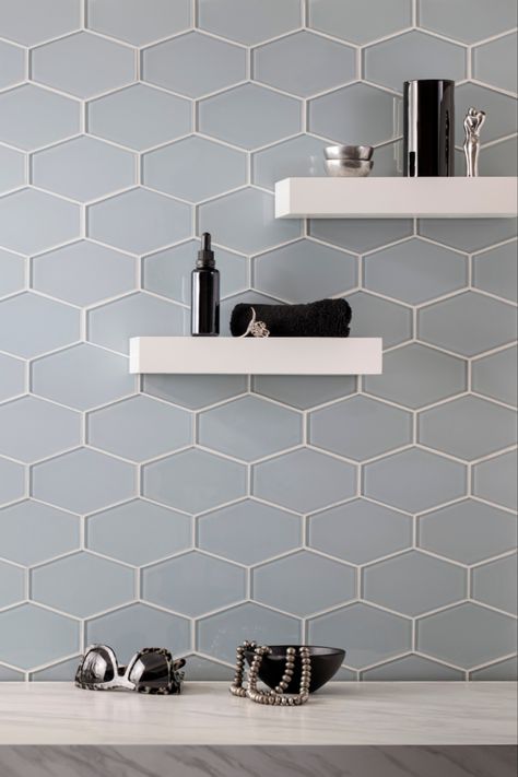 Honeycomb Tiles Kitchen, Elongated Hexagon Backsplash, Hexagon Kitchen Backsplash, Hex Tile Backsplash, Elongated Hexagon Tile, Hexagon Tile Kitchen, Backsplash Blue, Blue Backsplash Kitchen, Hexagon Tile Bathroom