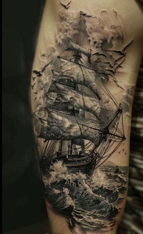 Realistic Pirate Ship Tattoo, Navy Ship Tattoos For Men, Ship On Stormy Sea Tattoo, Dark Nautical Tattoo, Rough Seas Tattoo, Sailor Sleeve Tattoo, Nautical Knee Tattoo, Lost At Sea Tattoo, The Black Pearl Tattoo