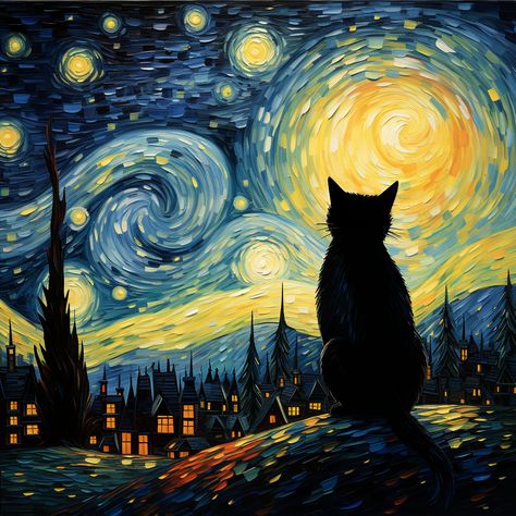 Vincent Willem Van Gogh, Starry Night Art, Black Cat Sticker, Iconic Artwork, Arte Van Gogh, Wall Decor Crafts, Black Cat Art, Van Gogh Art, Starry Night Van Gogh