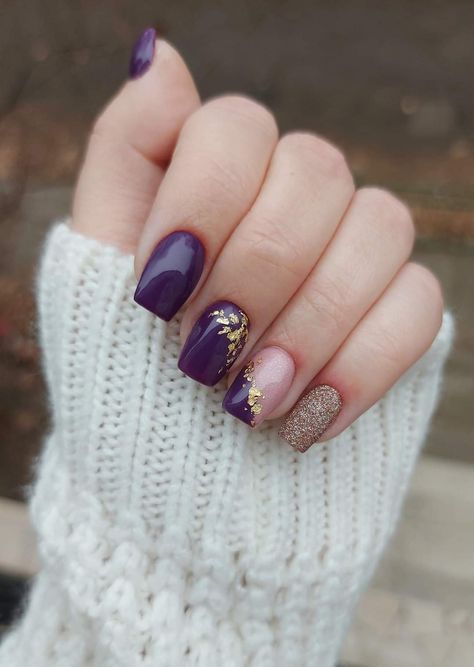 Purple And Gold Fall Nails, Purple Ribbon Nails, Plum Nail Ideas, Purple Thanksgiving Nails, Nerd Nail Art, Purple And Gold Nails Acrylic, Plum Fall Nails, Purple Autumn Nails, Purple Fall Nails Design