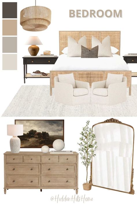 Primary Bedroom Design mood board Rattan Bed Bedroom Ideas, Master Bedrooms Decor Rattan, Cane Bedframe Bedroom, Primary Bedroom Black Nightstands, Modern Transitional Bed, Rattan Furniture Bedroom Ideas, Rattan Master Bed, Cane Bedroom Design, Black Rattan Nightstand Bedroom