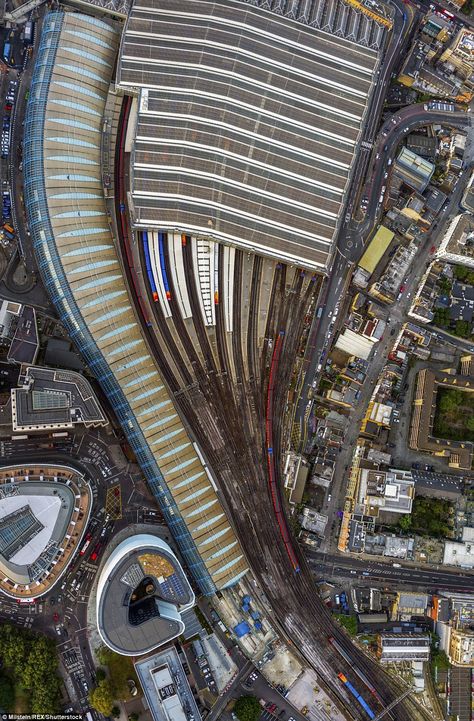 London landmarks pictured from above in stunning images Waterloo Station London, Waterloo Station, Map Layout, Bullet Train, Aerial Images, Aerial Photograph, London Landmarks, Southern Region, London Calling