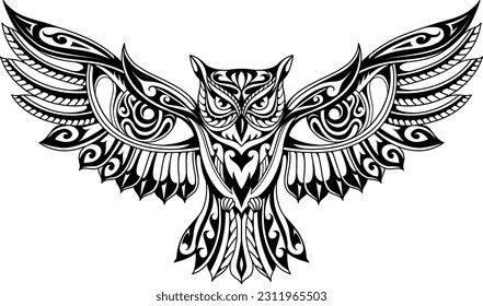 Creative owl tattoo with hidden eyes Aztec Owl Tattoo, Mandala Owl Tattoo Design, Owl Face Tattoo, Owl Tattoo Stencil, Great Horned Owl Tattoo, Celtic Owl Tattoo Design, Abstract Owl Tattoo, Celtic Owl Tattoo, White Owl Tattoo