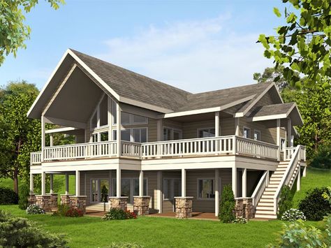 Waterfront House Plan, Rear, 012H-0241 Waterfront House Plans, Lakefront House Plans, Waterfront House, Small Cottage House Plans, Small Cottage Homes, Lots Of Windows, Mountain House Plans, Lake House Plans, Casas Coloniales