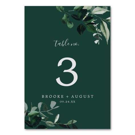 Emerald Greenery  Green Table Number  Zazzle Dark Green Table Setting, Emerald Green Wedding Table, Table Setting Flowers, Dark Green Table, Green Wedding Table, Moody Watercolor, Green Table Settings, Shower Table, Wedding Table Number Cards