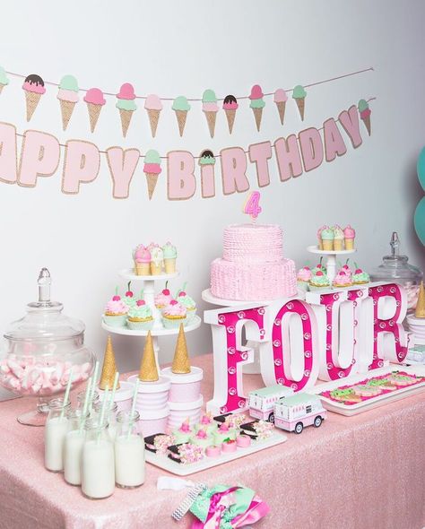 Ice Cream Party Table Decor, Pink Chaise Lounge, Dessert Table Pink, Happy Birthday Ice Cream, Pink Chaise, Ice Cream Parlor Party, Cone Cake Pops, Ice Cream Cone Cake Pops, Ice Cream Birthday Party Theme