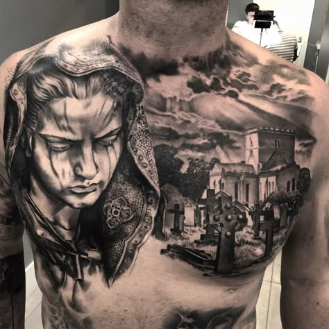 Mary, statue, graveyard chest tattoo Chest Piece Tattoo Men Design, Twisted Tattoos, Graveyard Tattoo, Black People Tattoos, Alice And Wonderland Tattoos, Chest Tattoo Ideas, Horror Movie Tattoos, Chest Hair, Gangsta Tattoos