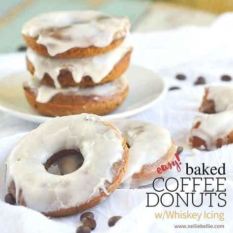 Baked Coffee Donuts with whiskey icing. Easy, fast, and yummy! Whiskey Icing, Whiskey Frosting, Biscuit Donuts, Irish Coffee Recipe, Weekday Breakfast, Coffee And Donuts, Sweet Rolls, Coffee Recipe, Baked Donuts