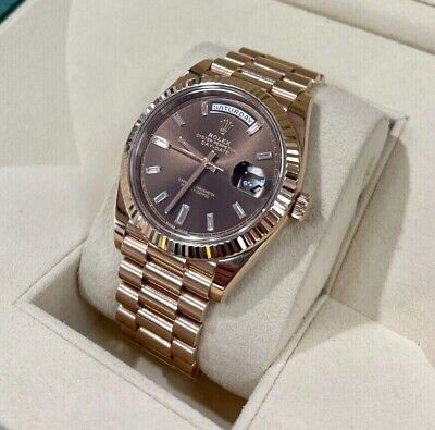 Rolex Day-Date 40mm 18K Everose Gold 228235 Chocolate Baguette BOX/PAPERS MINT | eBay Chocolate Baguette, Hand Watches, Gold Chocolate, Fancy Watches, Rose Gold Brown, Rolex Watches For Men, Gold Rolex, Etsy Marketing, Nice Jewelry