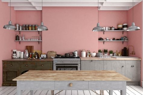 Pink Kitchen Walls, Best Kitchen Colors, Pink Kitchen Decor, Paint For Kitchen Walls, Kitchen Layouts, Kabinet Dapur, Kitchen Walls, Kitchen Wall Colors, Kitchen Colour Schemes