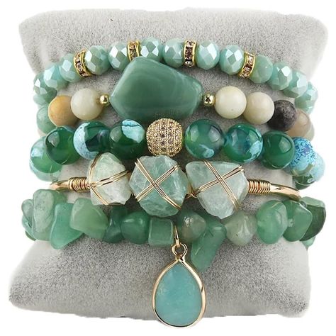 PRICES MAY VARY. [ 5 Pcs Natural Stone Beaded Bracelets/Bangle Set ]:Made of 100% Natural Stone, Tiger eyes, Turquoise, Jasper, Agate, Ceramics, High quality beads, Crystal,Semi-Precious Gemstone and Gemstone which are high quality materials,Smooth and comfortable. Bohemian bracelets sets are threaded with strong elastic string. Durable and flexible.The addition of the bangle makes the bracelet both vintage and stylish.With 5 individual single loop bracelets, you can choose to wear one or severa Stones For Jewelry Making, Bangles Making, Bangle Bracelet Set, Stone Bangle, Bohemian Bracelets, Bangle Bracelets With Charms, Glass Bracelet, Styl Boho, Beaded Bracelets Diy