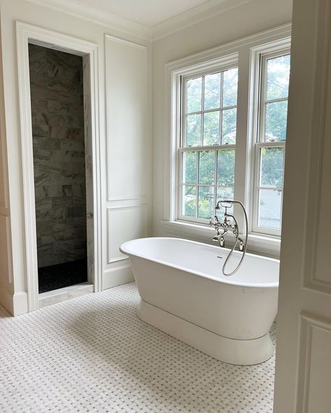 Megan Stokes Home, Colonial Bathroom, Cottage Bath, House Bathrooms, Renovation Inspiration, Tub Ideas, Primary Bathroom, Fancy Houses, Bathroom Remodel Designs