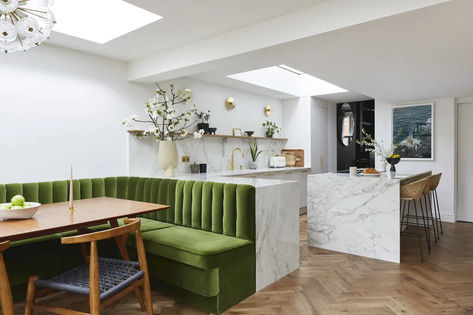 This fabulous kitchen from John Lewis of Hungerford belongs to interiors influencer Gold Is A Neutral and incorporates fabulous bench seating with an Art Deco feel in olive velvet that backs onto the kitchen. Jess has stools at the kitchen island too – so plenty of seating - perfect for big family parties

Image credit: Kasia Fiszer Seating In Kitchen, Kitchen Islands Ideas With Seating, Booth Seating In Kitchen, Small Kitchen Island Ideas, Minimal Kitchen Design, Banquette Seating In Kitchen, Kitchen Peninsula, Kitchen Banquette, Small Kitchen Island