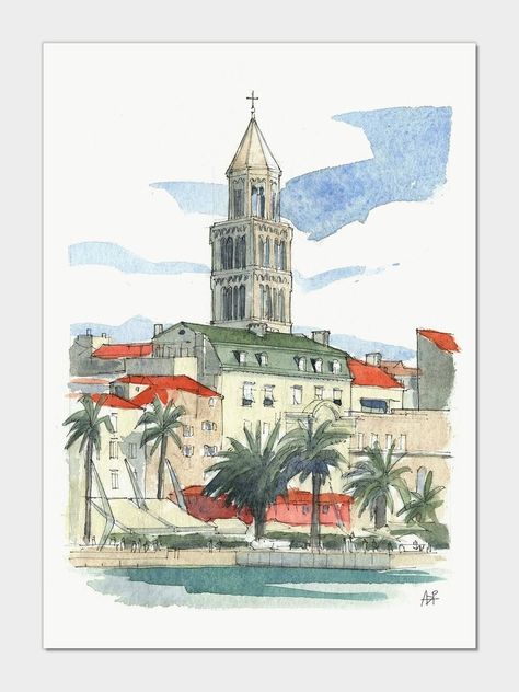 Sight at Hvar I, Croatia Urban Watercolor Drawing - Etsy Belgium Croatia Drawing, Urban Watercolor, Travel Doodles, Hvar Croatia, Architectural Prints, Custom Drawing, Watercolor Drawing, Scenic Views, Easy Drawings