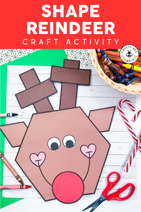 Grab this fun shape reindeer craft to celebrate the festivities of December and prepare for Christmas. Preschool, kindergarten, first grade students and beyond will enjoy this adorable shape craft. It's great for school activities or homeschool entertainment. Turn the crafts into rudolph or make a whole team of them to carry Santa's sleigh. Print the template on colored cardstock and display the creations on your bulletin boards or classroom doors. Christmas Crafts Using Yarn, Reindeer Craft For Kindergarten, Kindergarten December Crafts, Pentagon Crafts Preschool, Christmas Shapes Preschool, December Kindergarten Crafts, Christmas Art Prek, Reindeer Preschool Crafts, Christmas Crafts Kindergarten Classroom