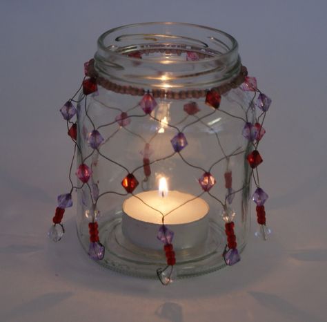 Beaded Light How To Make A Lantern, Make A Lantern, Tea Light Crafts, Beaded Candle Holders, Beaded Candle, Baby Food Jars, Diy Jar Crafts, Bottle Candles, Diy Candle Holders