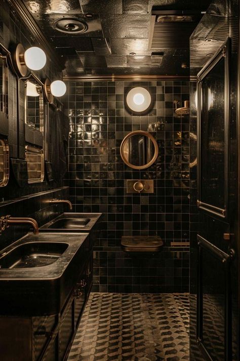 Moody Gray Bathroom, Gothic Mid Century Modern, Dark Mid Century Modern, Academia Bathroom, Dark Academia Bathroom, Vibe Bathroom, Bathroom Dark, Bar Tile, Dark Green Bathrooms