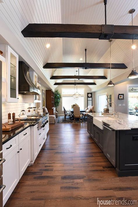 Horizontal beams for bedrooms Hanging Beams Ceiling, Black Ceiling Beams, Barndominium Ceilings, Kitchen Cabinets Open, Paneled Ceiling, Color Kitchen, Pine Valley, Wood Beam Ceiling, Metal Barn