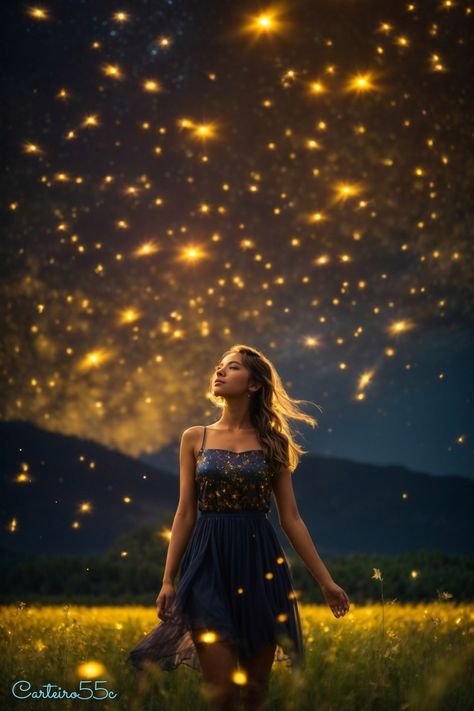 A beautiful woman in a lighted by yellow fireflies in a beautiful field at nightfall. Generated by human-created AI of my own making. Rebirth Photoshoot, Fireflies Photography, God Manifestation, Firefly Photography, Believing In God, Beautiful Field, Kindle Paperwhite Case, Frozen Heart, Dreamy Photography