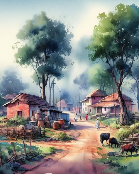 Reference picture for watercolour painting #reference #painting #art #artist #artgallery #artwork Watercolor Village Painting, Natural Scenery Watercolor, Watercolor Painting Composition, Natural Scene Painting, Landscape Drawings Watercolour, Landscape Paintings Poster Colour, Composition Painting Watercolour, Water Colours Painting Landscape, Village Composition Painting