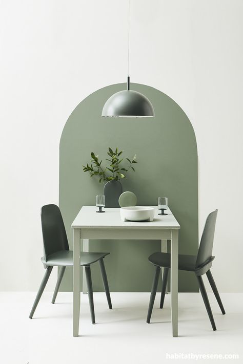 Section Room With Paint, Oval Painted Wall, Wall Paint Shape Ideas, Wall Painting Ideas Dining Room, Bold Wall Paint, Paint Wall Ideas, Painted Arch, Wall Dining Table, Half Painted Walls