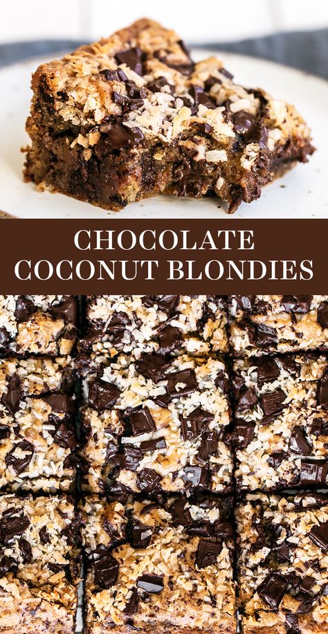 Coconut Blondies, Gingerbread Donuts, Easy Dessert Bars, Coconut Brownies, Easy Bar Recipes, Easy Bar, Chocolate Chip Blondies, Coconut Desserts, Sheet Cake Recipes