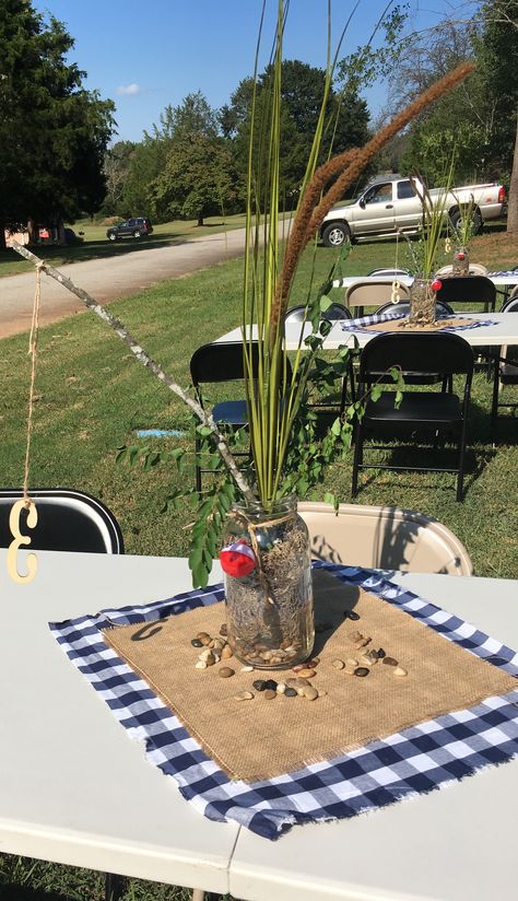 Fishing party centerpiece Celebration Of Life Fishing Theme, Retirement Centerpiece Ideas Men, Fishing Centerpieces Ideas, Fishing Centerpieces, Fishing Retirement Party, Retirement Party Guest Book, Retirement Party Centerpieces, Fish Centerpiece, Fishing Theme Party