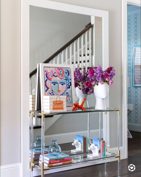 Entryway Table Styling, Small Entryway Bench, Small Entryway Ideas, Modern Tudor, Large Floor Mirror, Entry Console, Emily Henderson Design, Moore House, Dark Paint Colors