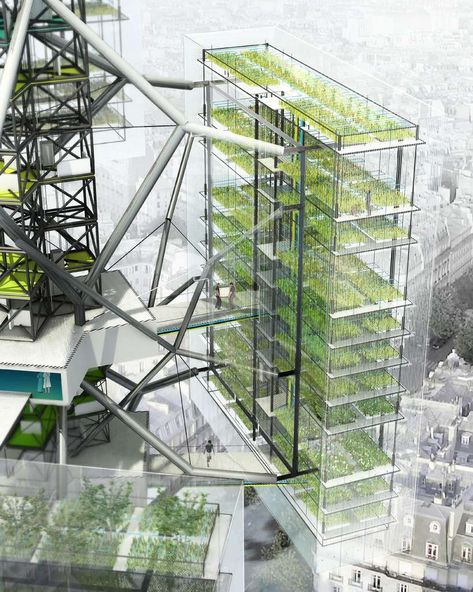 La ferme cactus, de forme tripale, possède une ossature fine et projette ses modules dans l’espace pour dépasser les contraintes azimutales et réduire les ombres. Prenant la lumière sur 360°, elle... Urban Farming Architecture, Vertical Farming, Urban Agriculture, Architectural Rendering, Green Architecture, Garden Architecture, Diagram Architecture, Urban Farming, Sustainable Architecture