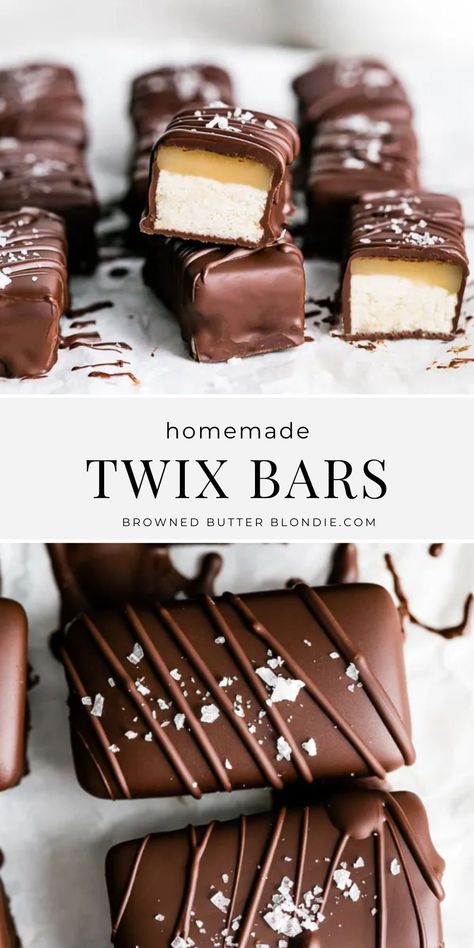 You haven’t lived until you’ve sunk your teeth into one of these dangerously delicious bite size Twix bars. Made with layers of crispy, buttery shortbread, creamy homemade caramel and rich, dark chocolate. Skip the store-bought stuff – these copycat Twix bars are simply irresistible! Homemade Caramel Candy Recipes, Crispy Chocolate Bars, Twix Inspired Desserts, Home Made Twix Bars, Homemade Chocolate Caramels, Candy Bar Copycat, Twix Bar Recipe, Chocolate Candy Bar Recipes, Copycat Candy Bar Recipes