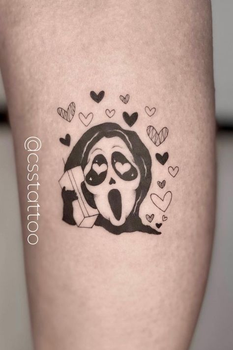 Ghostface Cute Tattoo, Cute Ghost Face Tattoo, Cute Ghostface Tattoo, Ghostface Tattoo Stencil, Ghost Face Tattoo, Ghostface Tattoo, Face Tattoos, Ghost Face, Dot Work Tattoo