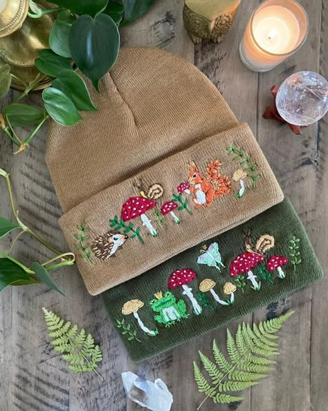 Goblincore Embroidery, Cottagecore Beanie, Embroidery On Beanie, Embroidery Fairy, Embroidered Fairy, Whimsical Embroidery, Embroidered Beanies, Beanie Collection, Mushroom Farm